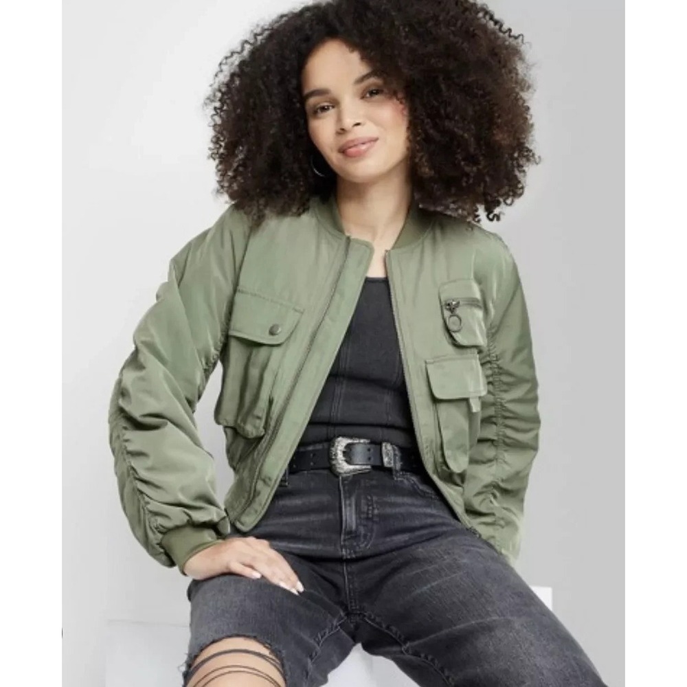 Women's Green Cargo Bomber Jacket XXS – Wild Fable Cropped Utility Style NWT